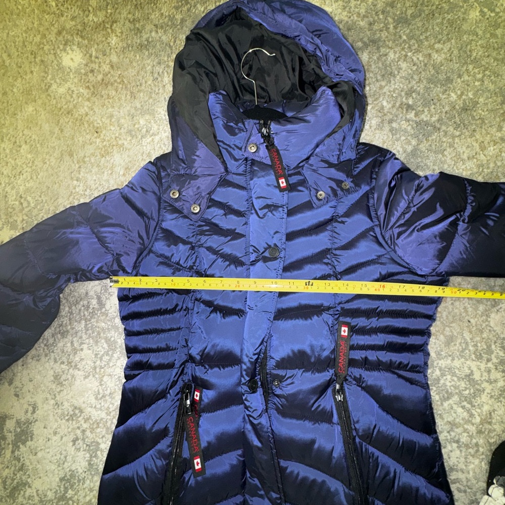Canada Weathergear Blue Hooded Collared Long Puffer Jacket Full Zip Button S - Picture 9 of 10